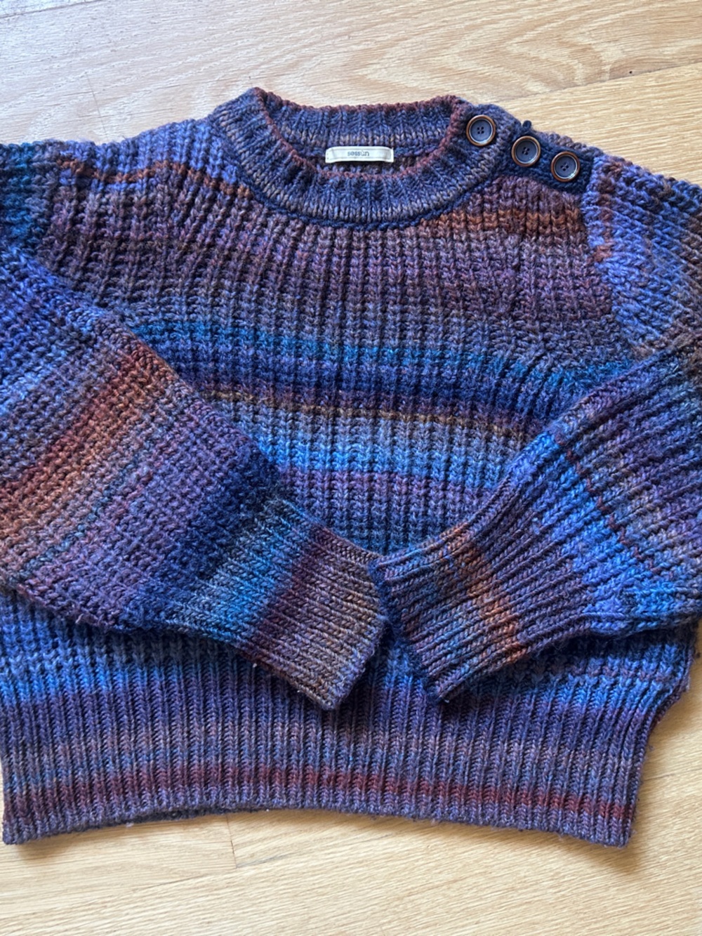 Womens Multicolor Ribbed Crewneck Sweater with Shoulder Buttons